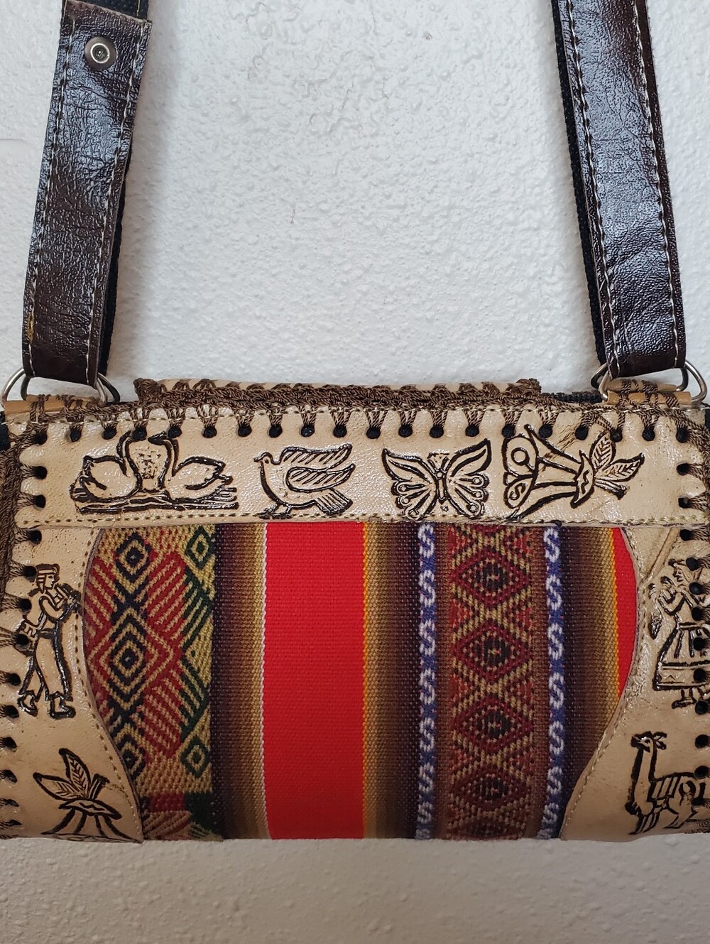 Peruvian Handmade Tooled Leather Serape Crossbody 8" Cream Brown Andean Textile - Picture 9 of 11